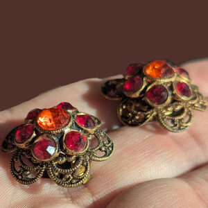 Vintage Filigree Earrings Orange Red Rhinestone Clip On ~ Marked Germany